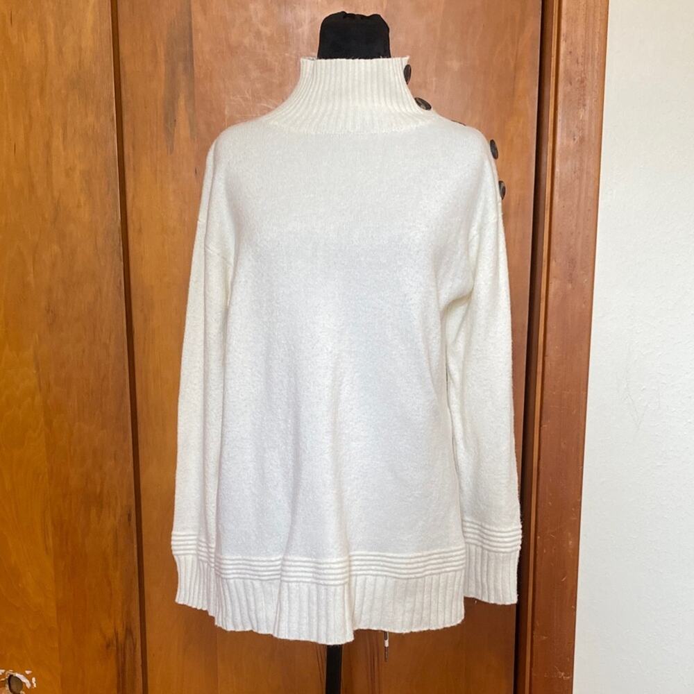 Anthropologie Cream Turtleneck Sweater Brown Buttons & Ribbed Details Preppy